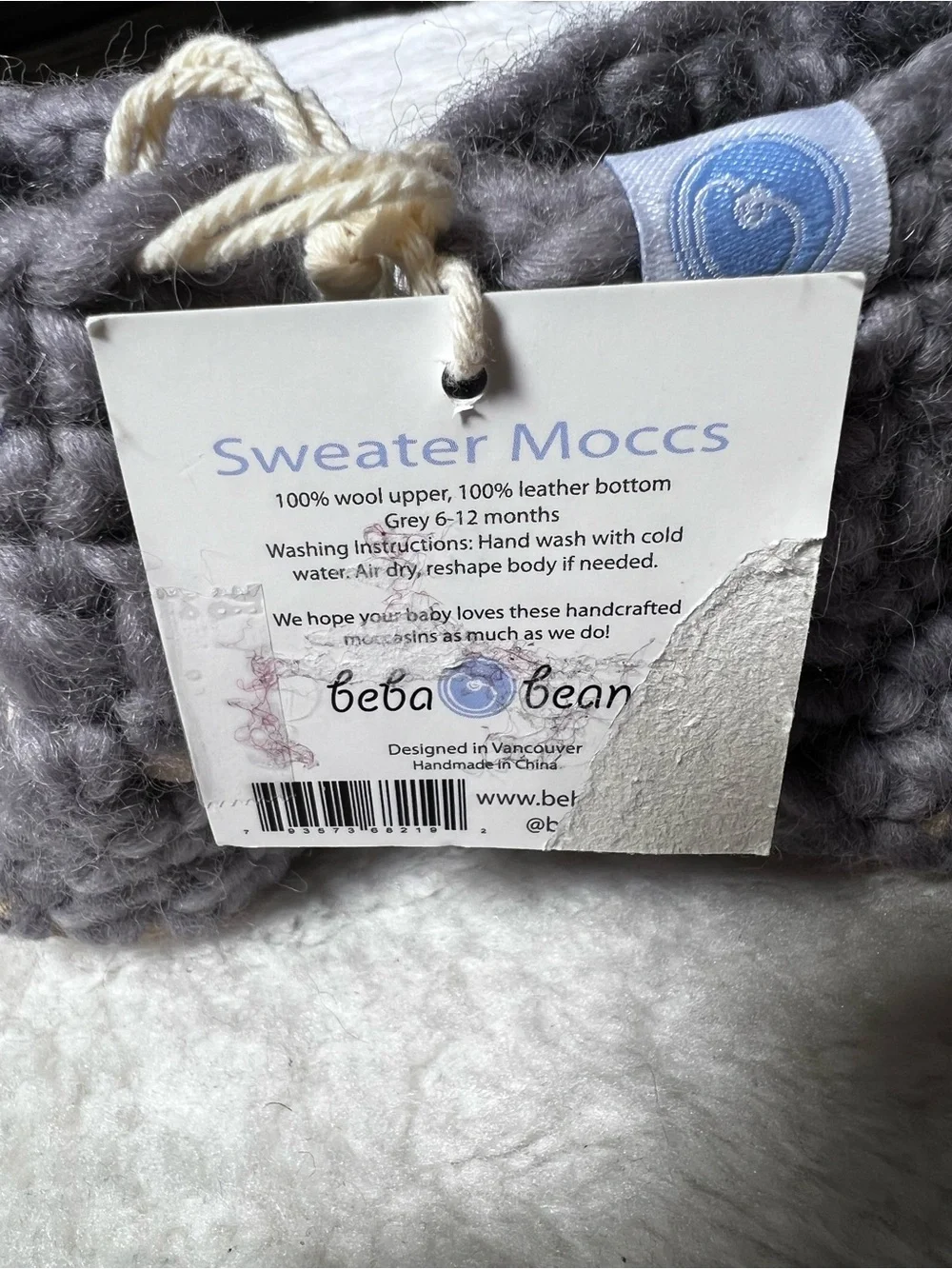NWT Beba Bean Baby Grey 100% Wool Knit Sweater Moccs Size 6-12 Month